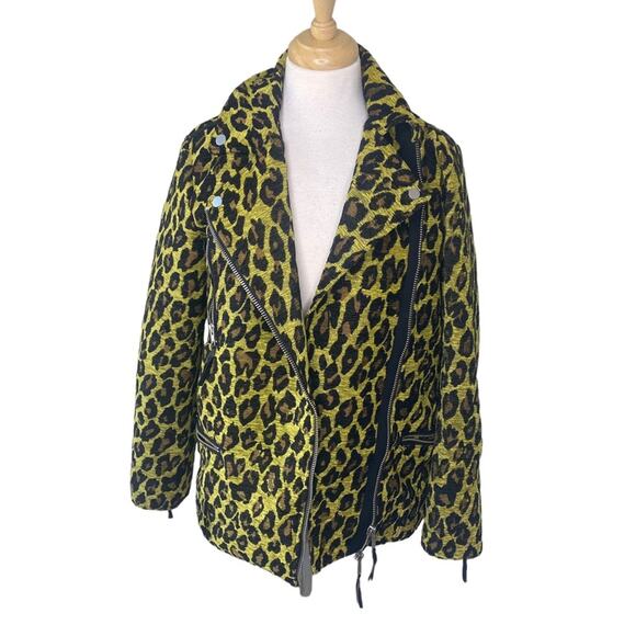 FREE PEOPLE Femme Fatale Long Moto Jacket Yellow Leopard Print Extra Small XS - Picture 3 of 12